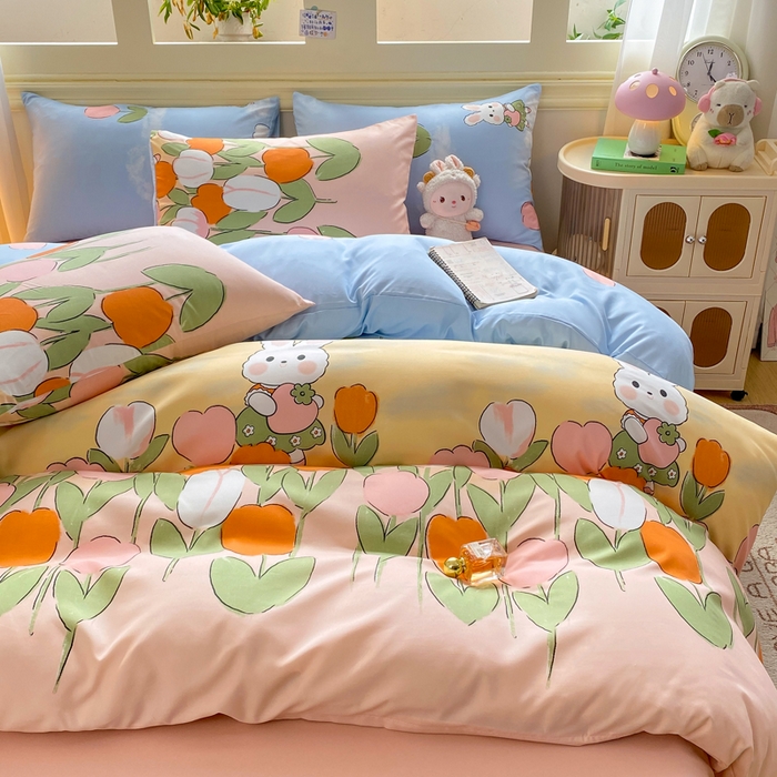 91家纺网 家纺一手货源 找家纺 朵朵家纺 2026新款水洗棉印花单被套系列 兔兔花园