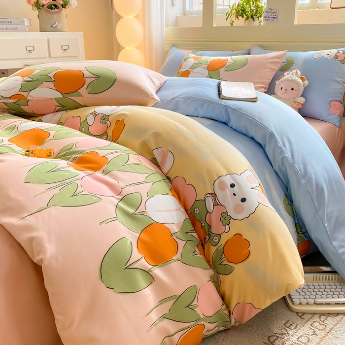 91家纺网 家纺一手货源 找家纺 朵朵家纺 2026新款水洗棉印花单被套系列 兔兔花园