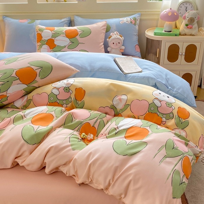 91家纺网 家纺一手货源 找家纺 朵朵家纺 2026新款水洗棉印花单被套系列 兔兔花园