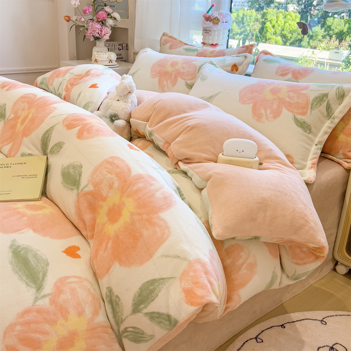 91家纺网 家纺一手货源 找家纺 布凡家居 2026新款190g高克重牛奶绒印花四件套 橙花漫语