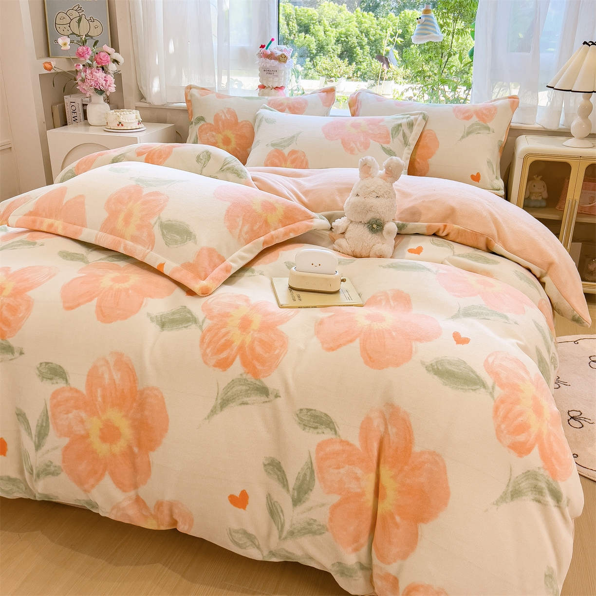 91家纺网 家纺一手货源 找家纺 布凡家居 2026新款190g高克重牛奶绒印花四件套 橙花漫语