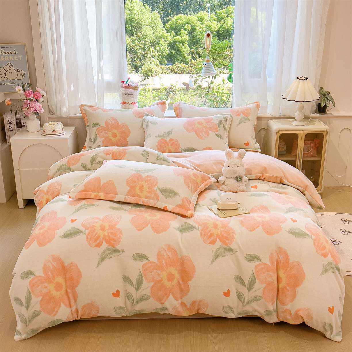 91家纺网 家纺一手货源 找家纺 布凡家居 2026新款190g高克重牛奶绒印花四件套 橙花漫语