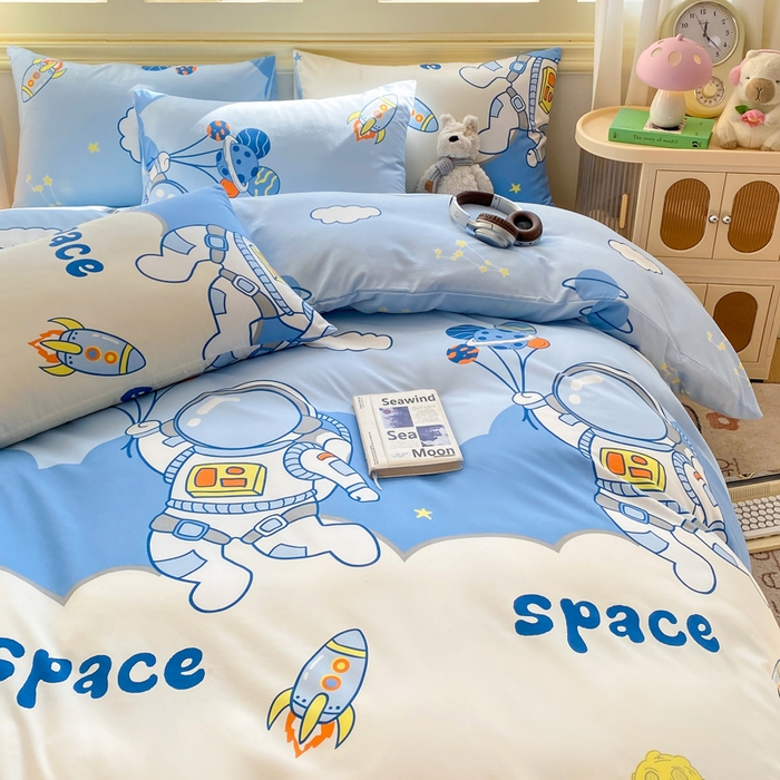 91家纺网 家纺一手货源 找家纺 朵朵家纺 2026新款水洗棉印花单被套系列 宇航员