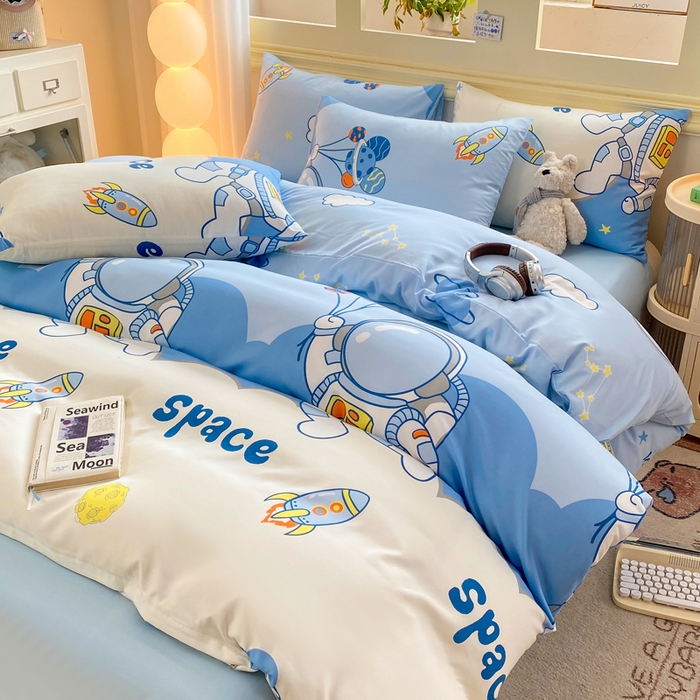 91家纺网 家纺一手货源 找家纺 朵朵家纺 2026新款水洗棉印花单被套系列 宇航员