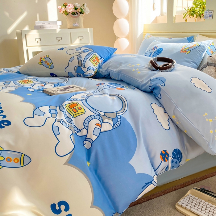 91家纺网 家纺一手货源 找家纺 朵朵家纺 2026新款水洗棉印花单被套系列 宇航员