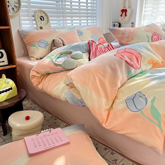 91家纺网 家纺一手货源 找家纺 朵朵家纺 2026新款水洗棉印花单被套系列 郁金花海-粉