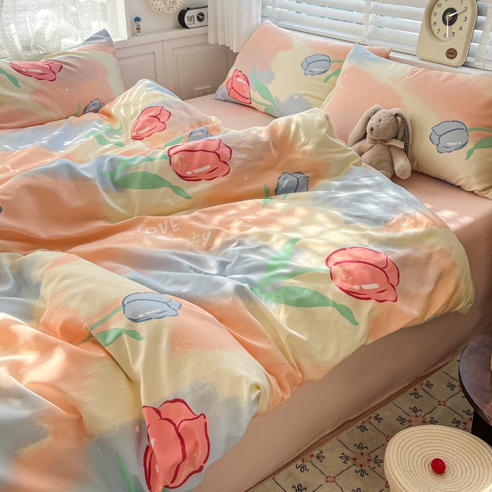 91家纺网 家纺一手货源 找家纺 朵朵家纺 2026新款水洗棉印花单被套系列 郁金花海-粉