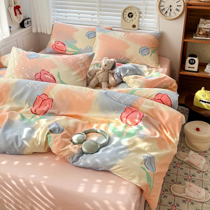 91家纺网 家纺一手货源 找家纺 朵朵家纺 2026新款水洗棉印花单被套系列 郁金花海-粉