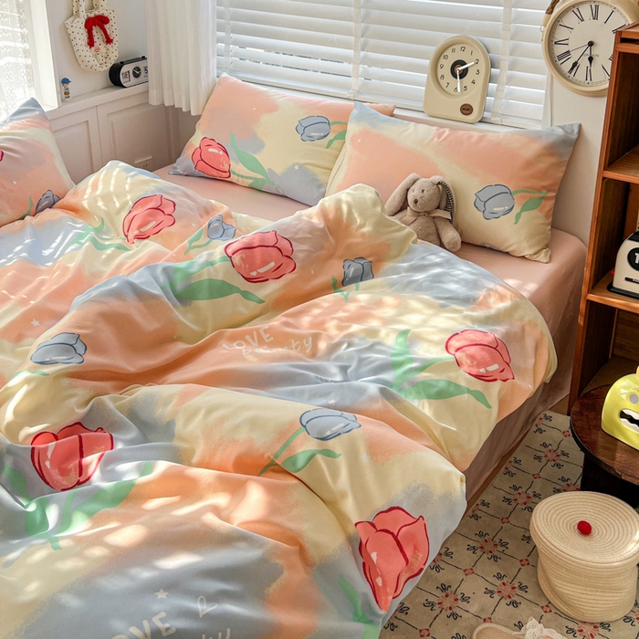 91家纺网 家纺一手货源 找家纺 朵朵家纺 2026新款水洗棉印花单被套系列 郁金花海-粉