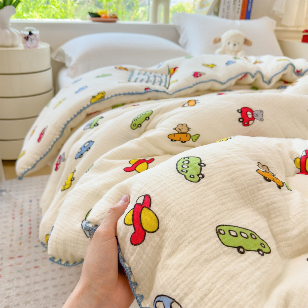 91家纺网 家纺一手货源 找家纺 布凡家居 2026新款A类全棉皱皱纱大豆纤维春秋被秋冬被全棉纱布婴儿被全棉学生秋冬被 冬被-小汽车