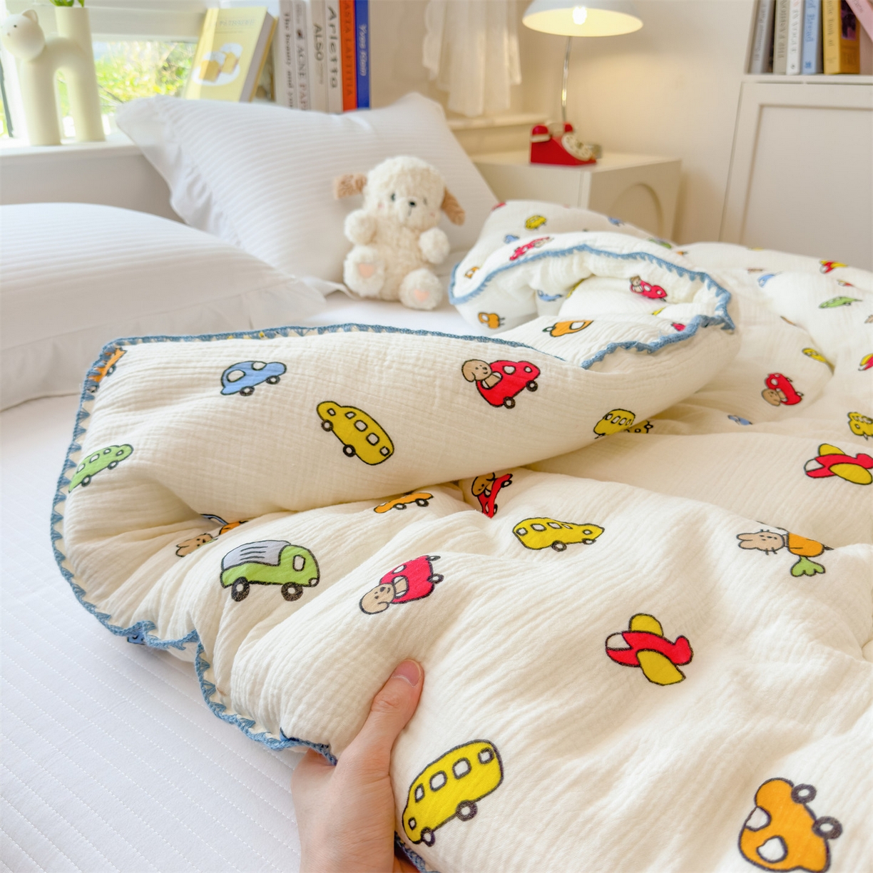 91家纺网 家纺一手货源 找家纺 布凡家居 2026新款A类全棉皱皱纱大豆纤维春秋被秋冬被全棉纱布婴儿被全棉学生秋冬被 冬被-小汽车