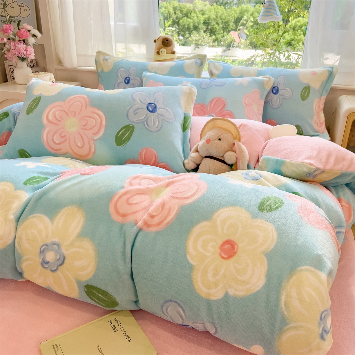 91家纺网 家纺一手货源 找家纺 布凡家居 2026新款190g高克重牛奶绒印花四件套 春眠笺