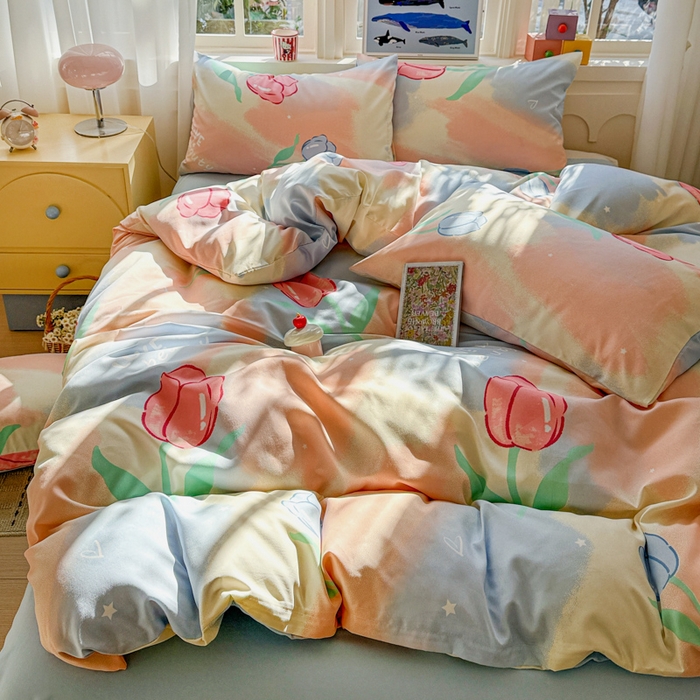 91家纺网 家纺一手货源 找家纺 朵朵家纺 2026新款水洗棉印花单被套系列 郁金花海-蓝