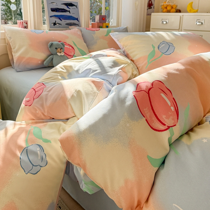 91家纺网 家纺一手货源 找家纺 朵朵家纺 2026新款水洗棉印花单被套系列 郁金花海-蓝