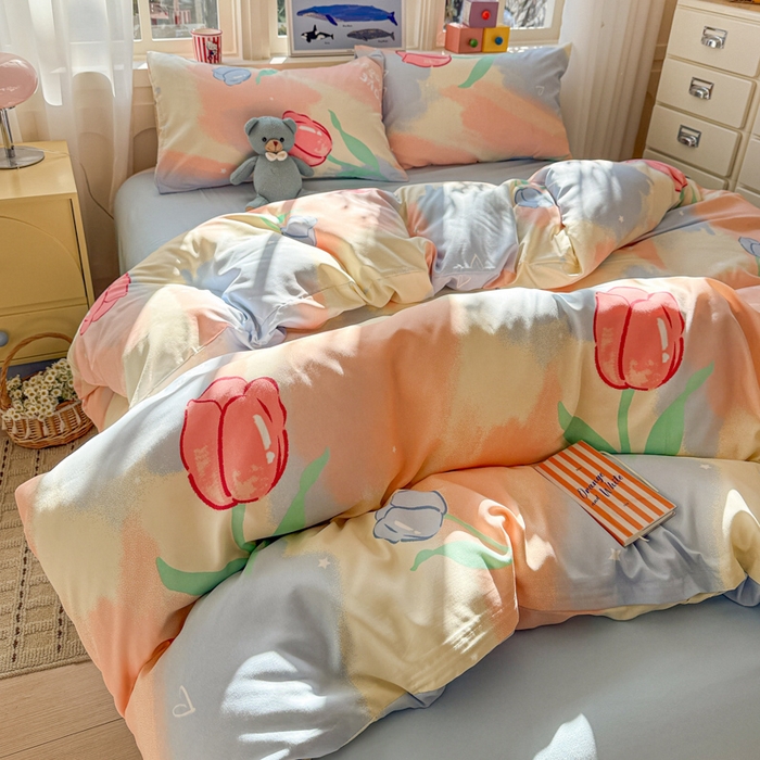 91家纺网 家纺一手货源 找家纺 朵朵家纺 2026新款水洗棉印花单被套系列 郁金花海-蓝