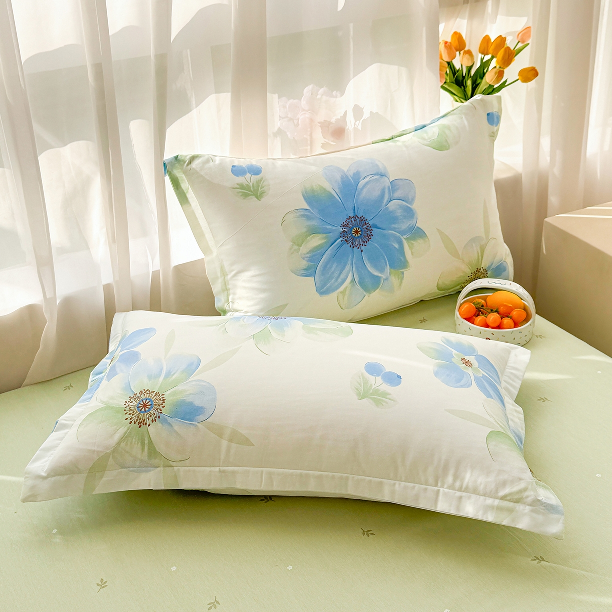 91家纺网 家纺一手货源 找家纺 寝美资家居 2026新款A类里外全棉夏凉被四件套-风格三 花期蓝