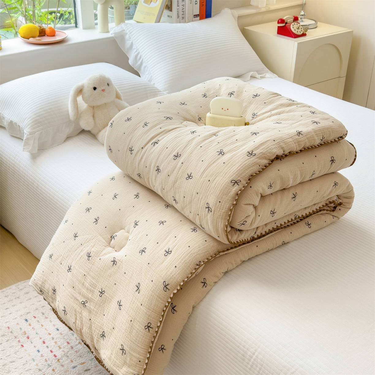 91家纺网 家纺一手货源 找家纺 布凡家居 2026新款A类全棉皱皱纱大豆纤维春秋被秋冬被全棉纱布婴儿被全棉学生秋冬被 冬被-蝴蝶结