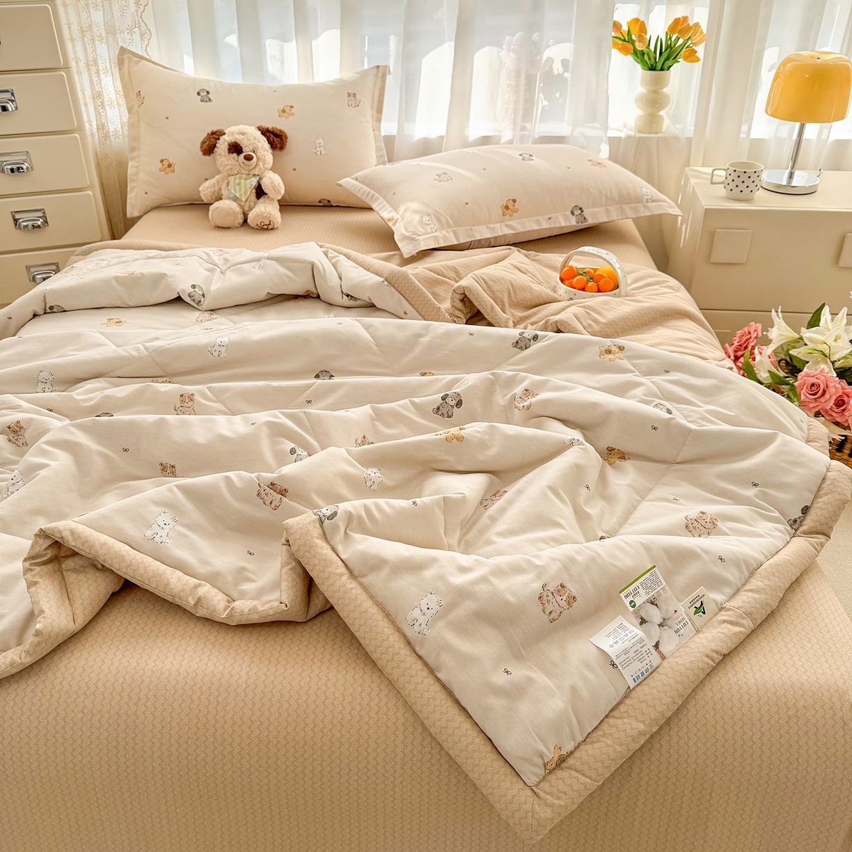 91家纺网 家纺一手货源 找家纺 寝美资家居 2026新款A类里外全棉夏凉被四件套-风格三 旺柴犬