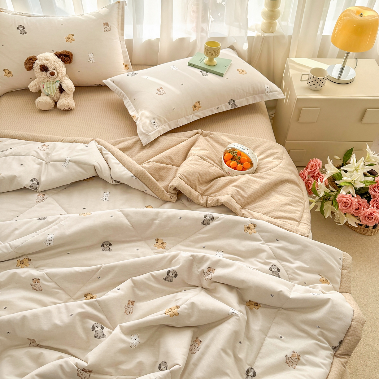 91家纺网 家纺一手货源 找家纺 寝美资家居 2026新款A类里外全棉夏凉被四件套-风格三 旺柴犬