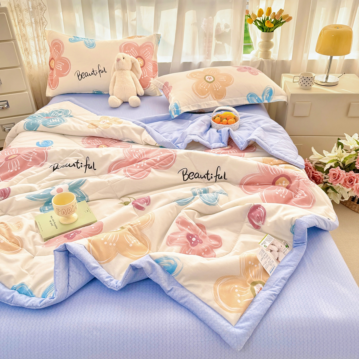 91家纺网 家纺一手货源 找家纺 寝美资家居 2026新款A类里外全棉夏凉被四件套-风格三 春夕集