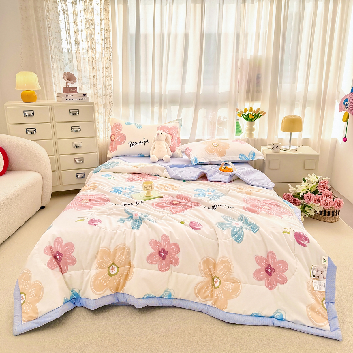 91家纺网 家纺一手货源 找家纺 寝美资家居 2026新款A类里外全棉夏凉被四件套-风格三 春夕集