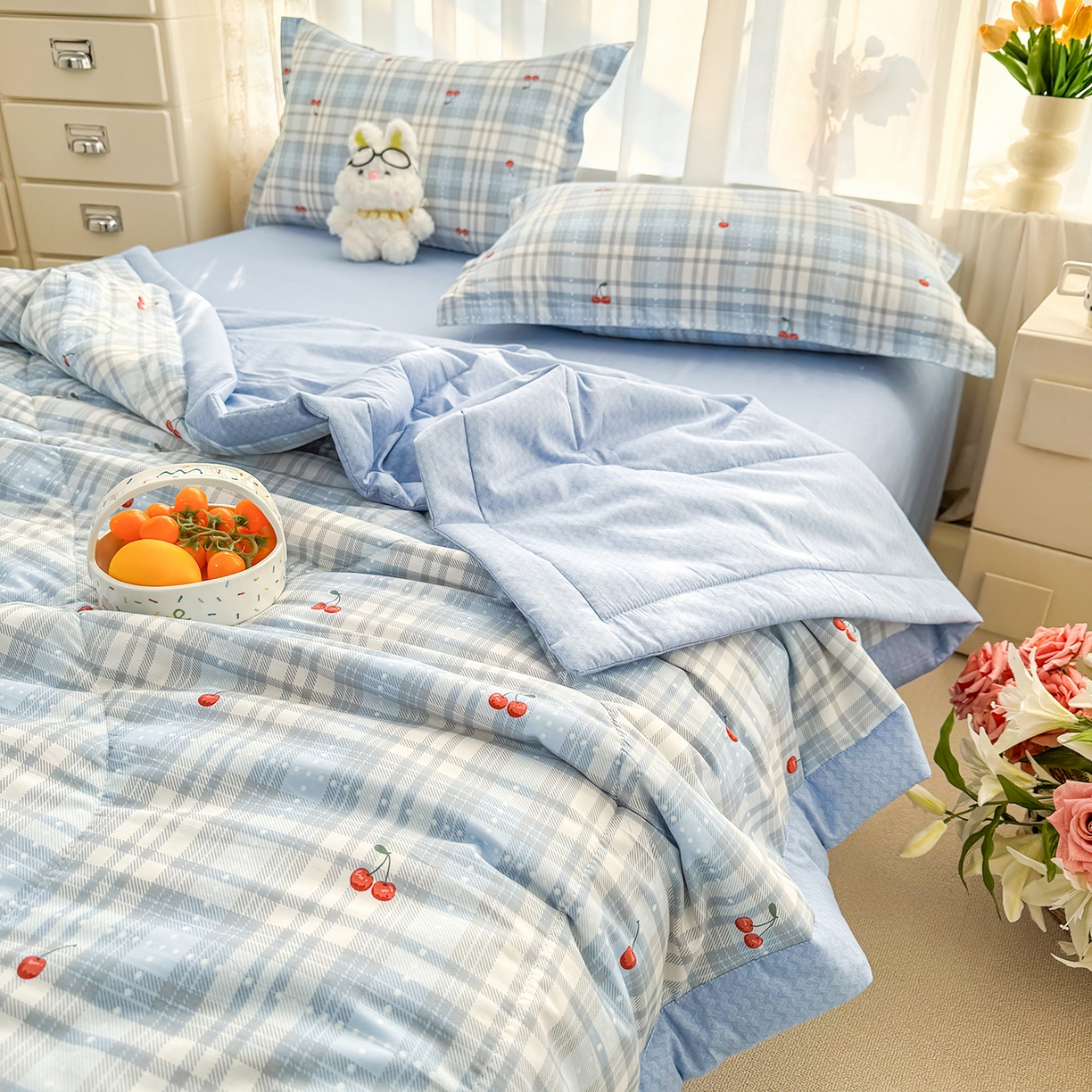 91家纺网 家纺一手货源 找家纺 寝美资家居 2026新款A类里外全棉夏凉被四件套-风格三 心甜