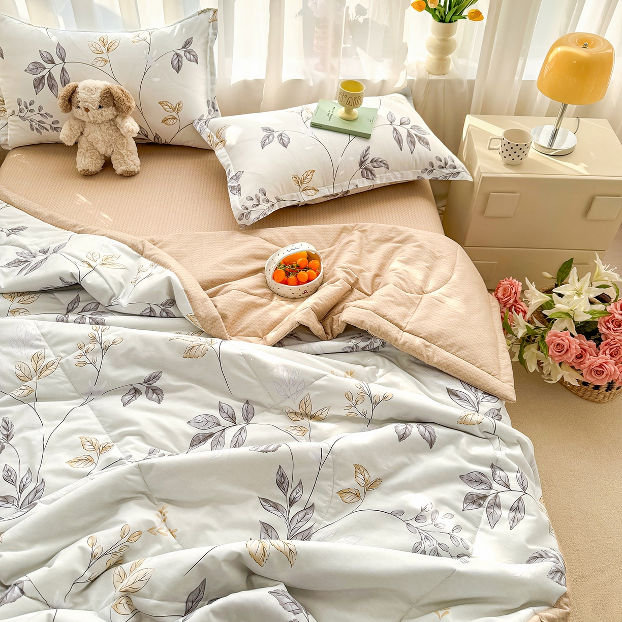 91家纺网 家纺一手货源 找家纺 寝美资家居 2026新款A类里外全棉夏凉被四件套-风格三 秋叶
