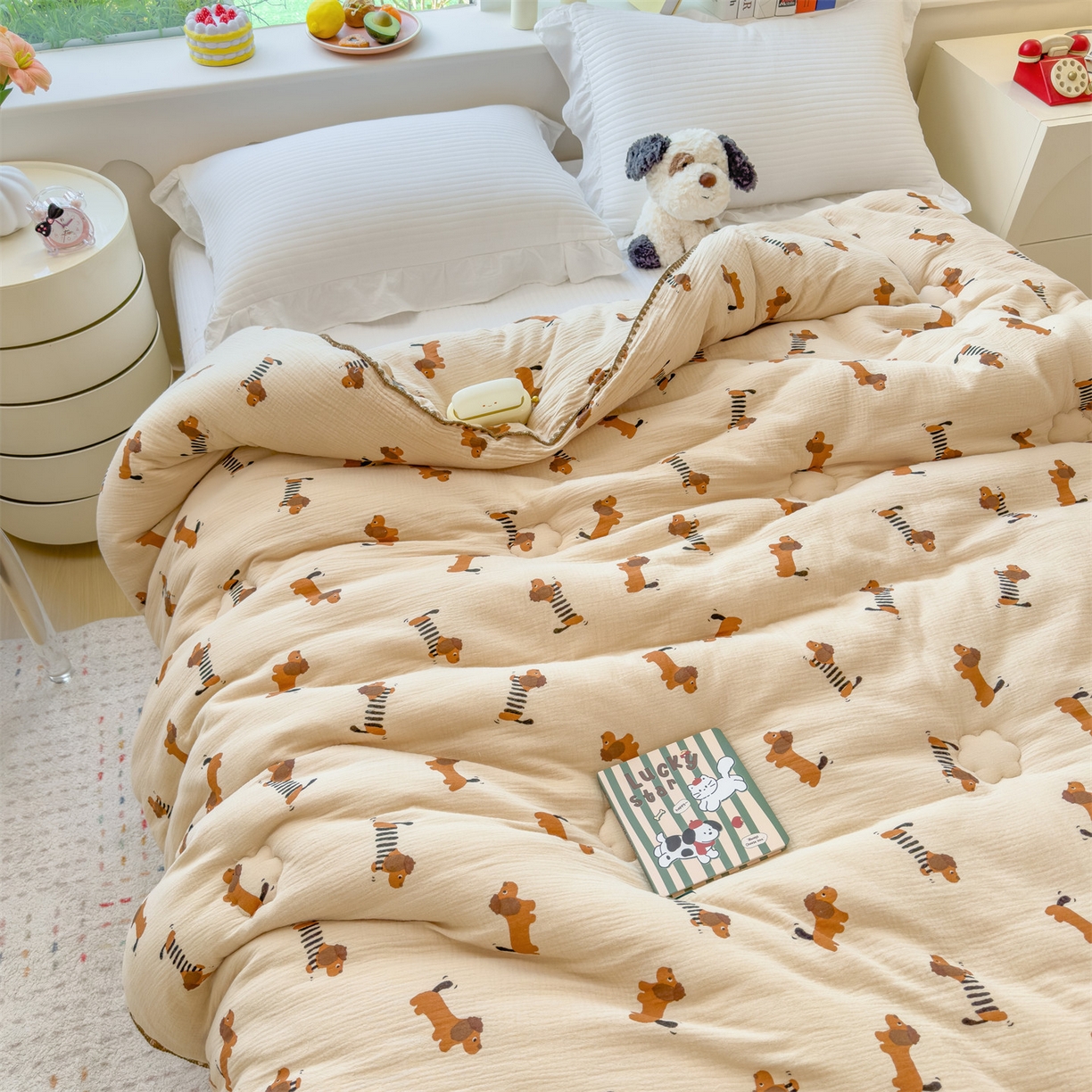 91家纺网 家纺一手货源 找家纺 布凡家居 2026新款A类全棉皱皱纱大豆纤维春秋被秋冬被全棉纱布婴儿被全棉学生秋冬被 冬被-腊肠狗