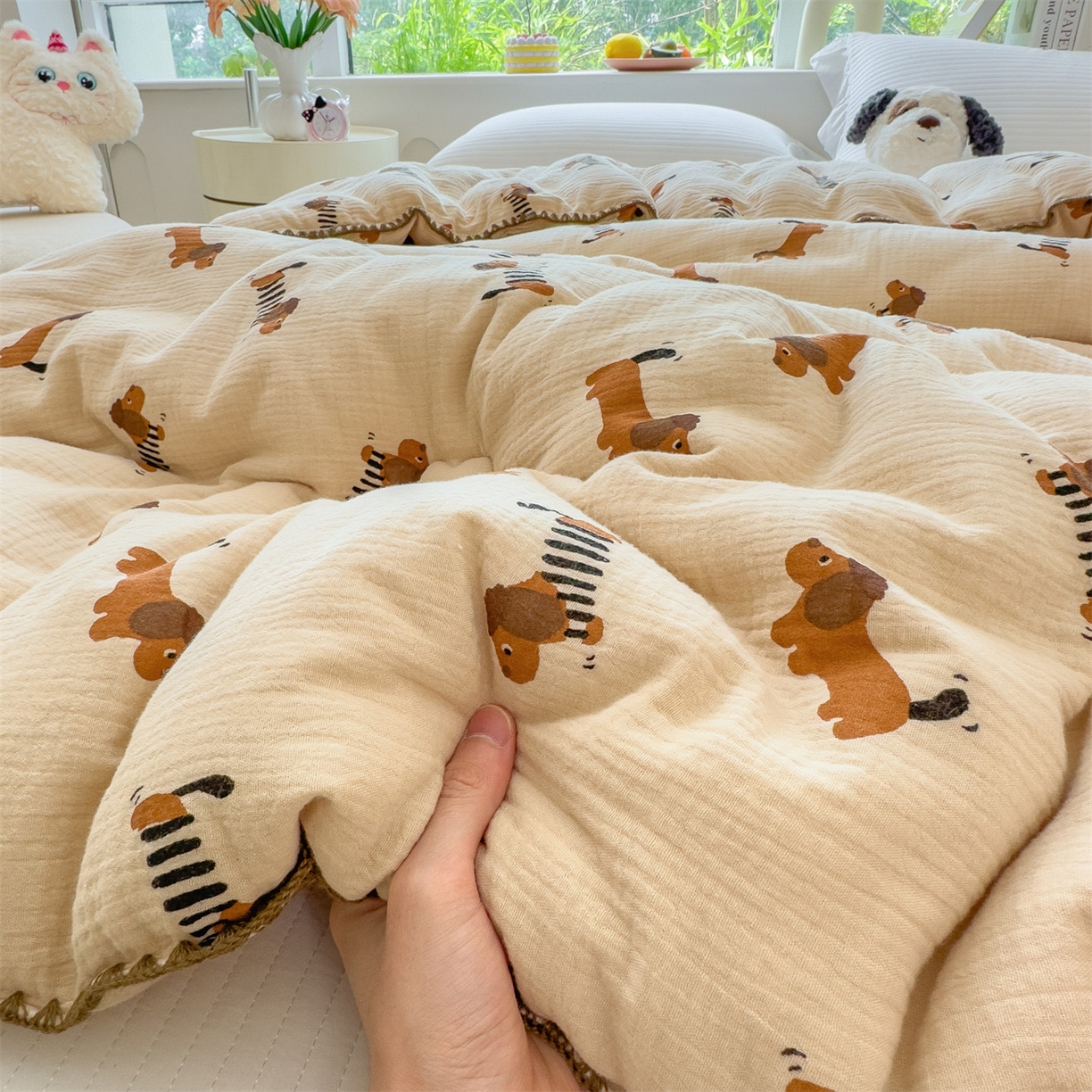 91家纺网 家纺一手货源 找家纺 布凡家居 2026新款A类全棉皱皱纱大豆纤维春秋被秋冬被全棉纱布婴儿被全棉学生秋冬被 冬被-腊肠狗