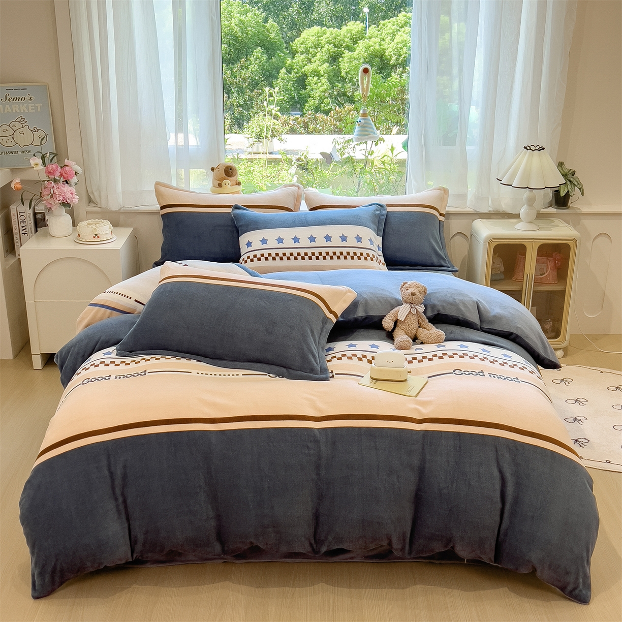 91家纺网 家纺一手货源 找家纺 布凡家居 2026新款190g高克重牛奶绒印花四件套 星影