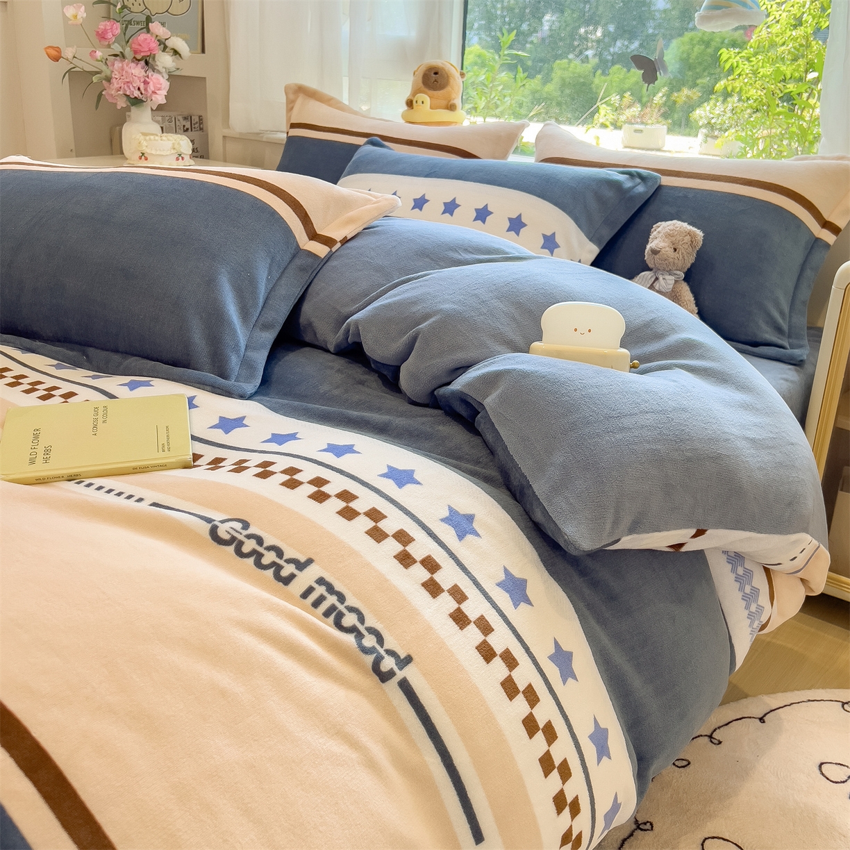 91家纺网 家纺一手货源 找家纺 布凡家居 2026新款190g高克重牛奶绒印花四件套 星影