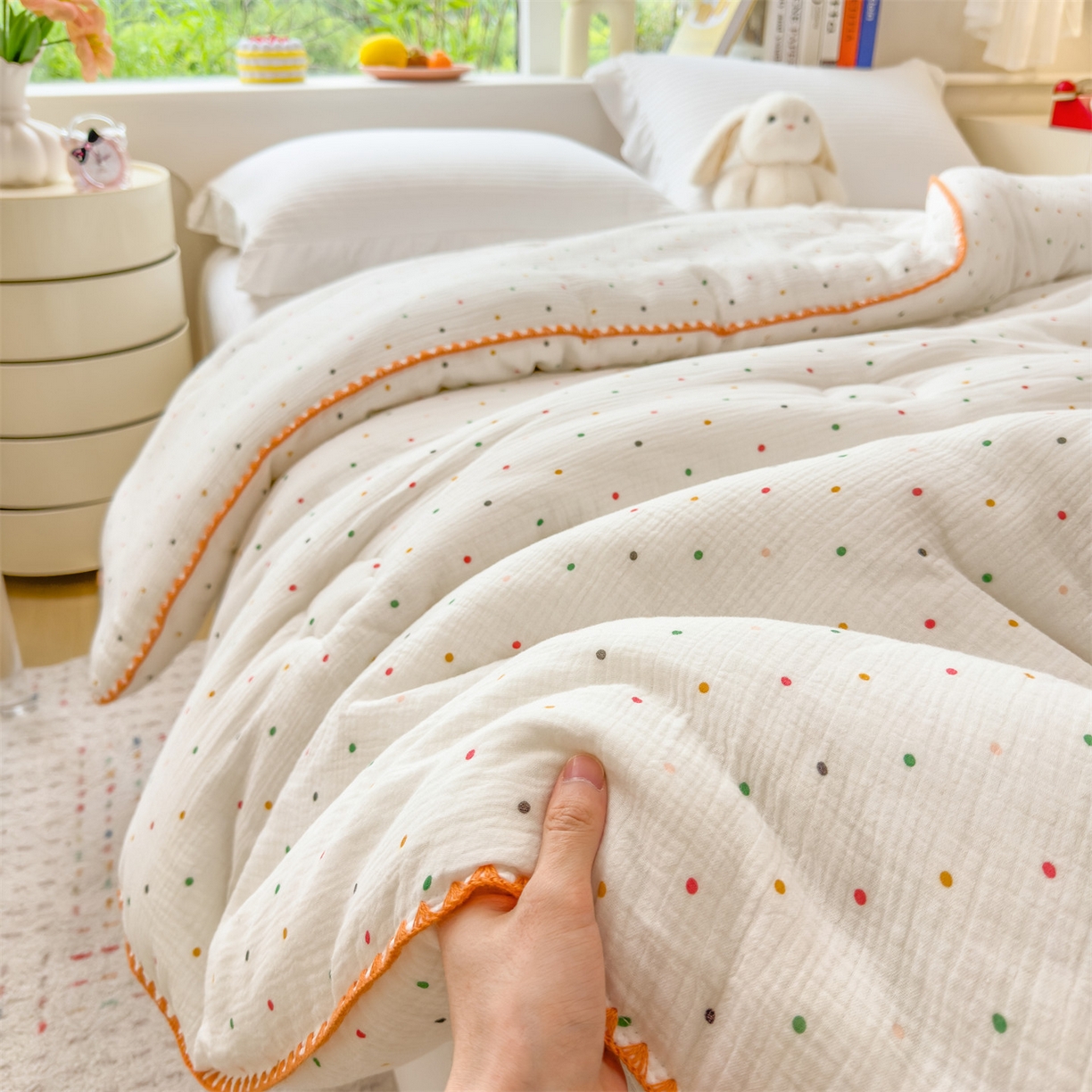 91家纺网 家纺一手货源 找家纺 布凡家居 2026新款A类全棉皱皱纱大豆纤维春秋被秋冬被全棉纱布婴儿被全棉学生秋冬被 冬被-小波点