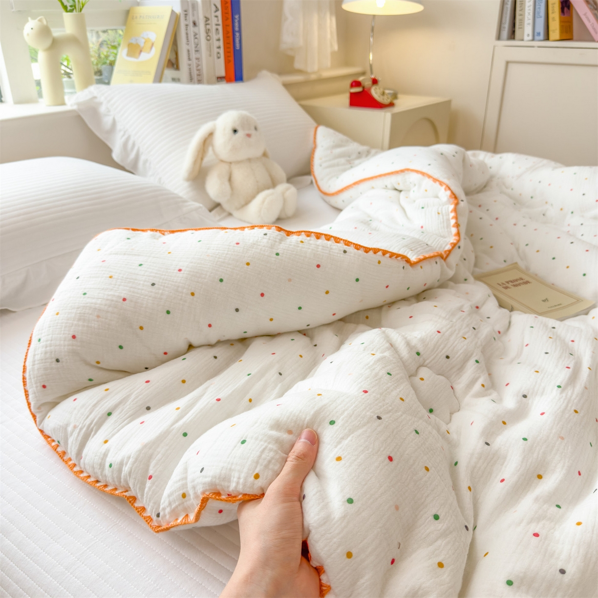 91家纺网 家纺一手货源 找家纺 布凡家居 2026新款A类全棉皱皱纱大豆纤维春秋被秋冬被全棉纱布婴儿被全棉学生秋冬被 冬被-小波点