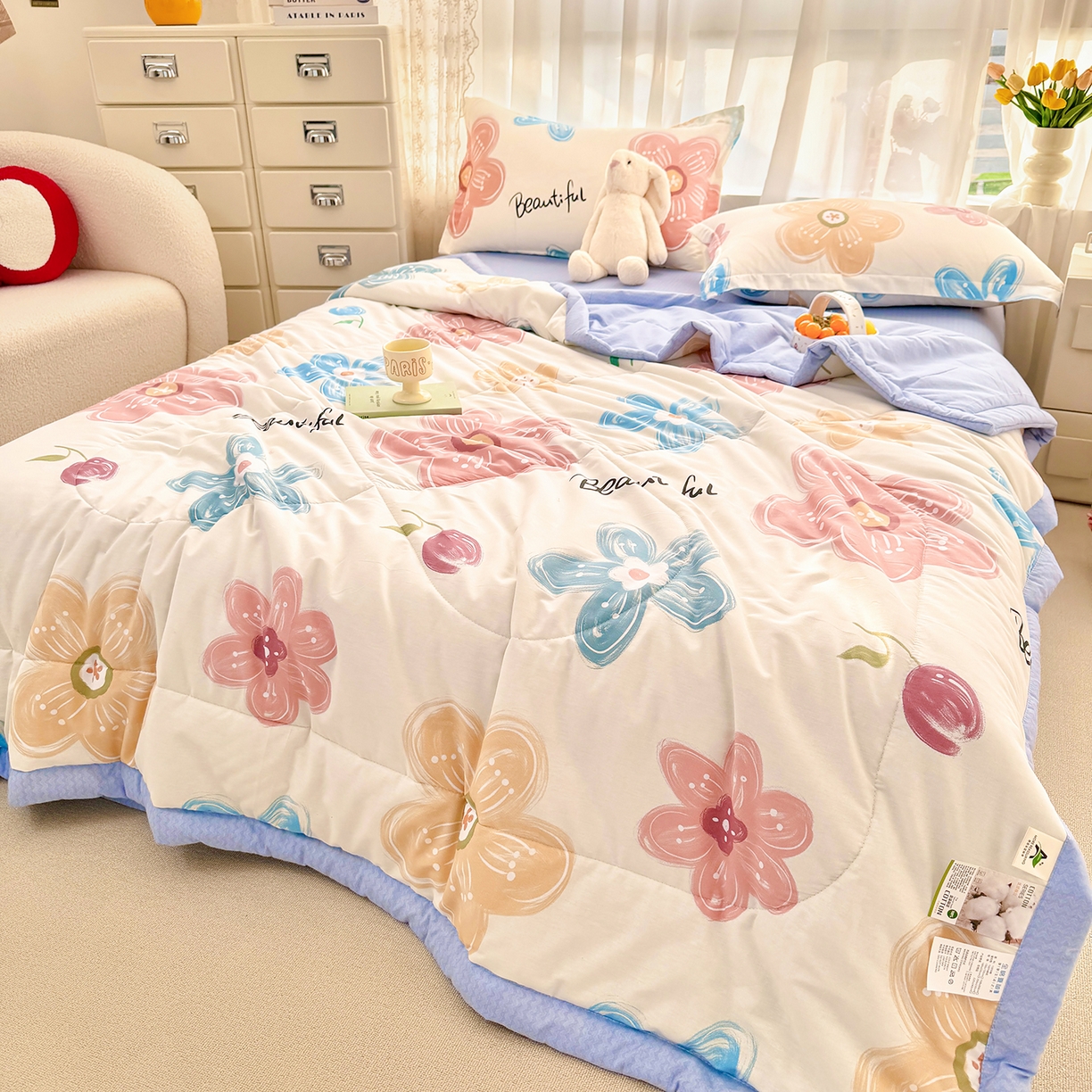 91家纺网 家纺一手货源 找家纺 寝美资家居 2026新款A类里外全棉夏凉被四件套-风格三 春夕集