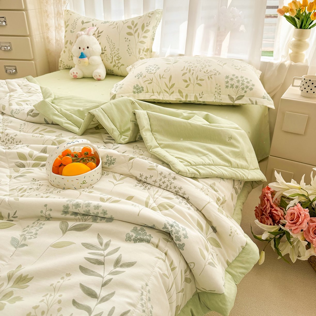 91家纺网 家纺一手货源 找家纺 寝美资家居 2026新款A类里外全棉夏凉被四件套-风格三 春日落樱