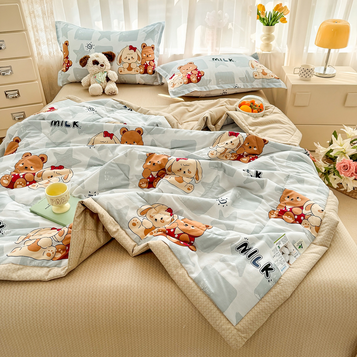 91家纺网 家纺一手货源 找家纺 寝美资家居 2026新款A类里外全棉夏凉被四件套-风格三 温暖熊