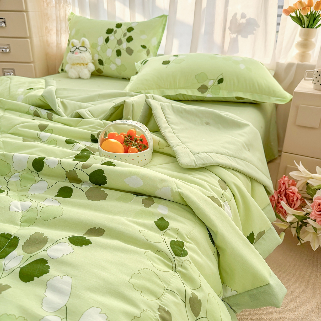 91家纺网 家纺一手货源 找家纺 寝美资家居 2026新款A类里外全棉夏凉被四件套-风格三 枫叶