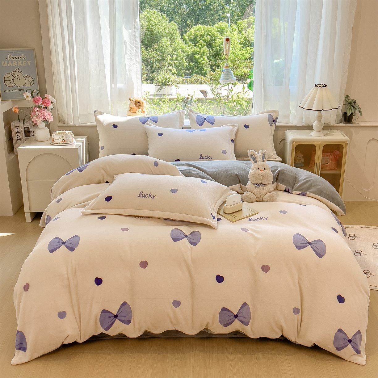 91家纺网 家纺一手货源 找家纺 布凡家居 2026新款190g高克重牛奶绒印花四件套 紫蝶幸运曲