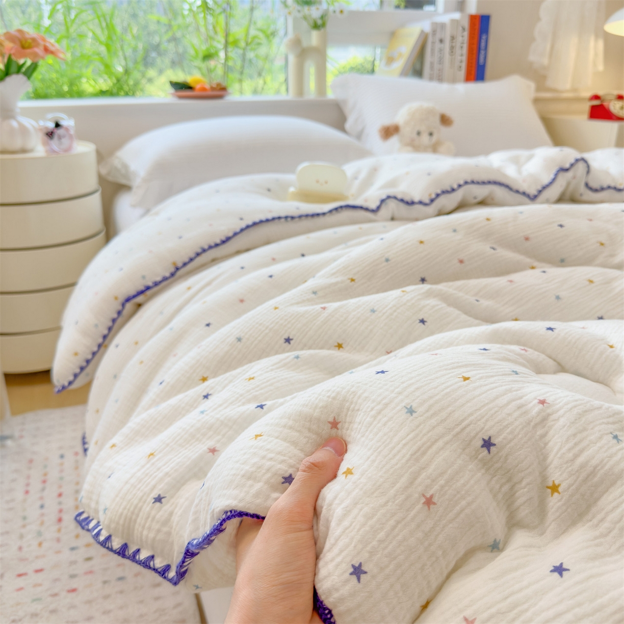 91家纺网 家纺一手货源 找家纺 布凡家居 2026新款A类全棉皱皱纱大豆纤维春秋被秋冬被全棉纱布婴儿被全棉学生秋冬被 冬被-小星星