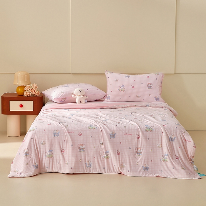 91家纺网 家纺一手货源 找家纺 梦恬佳 2026新款冰淇淋印花凉感丝夏凉被小冰被 小汽车-粉