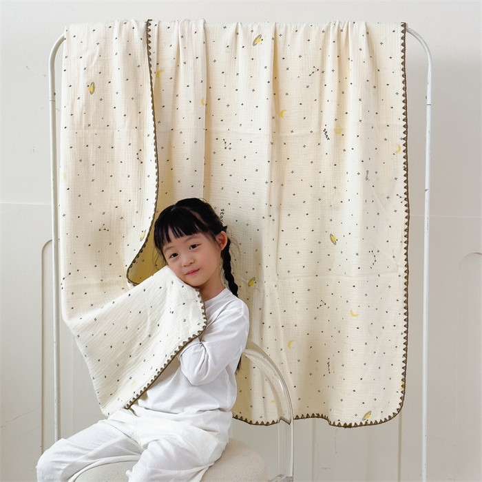 91家纺网 家纺一手货源 找家纺 布凡家居 2026新款全棉纯棉双层纱布毯夏被毯盖毯双层纱浴巾毯 皱皱纱-满天星