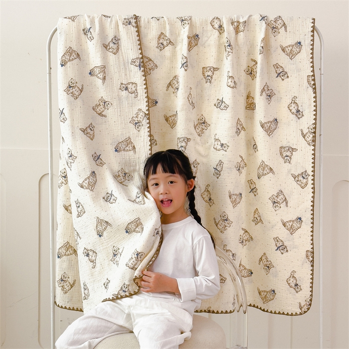 91家纺网 家纺一手货源 找家纺 布凡家居 2026新款全棉纯棉双层纱布毯夏被毯盖毯双层纱浴巾毯 皱皱纱-小猫咪