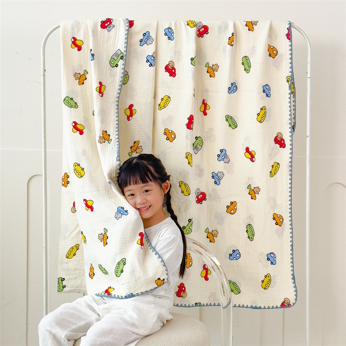 91家纺网 家纺一手货源 找家纺 布凡家居 2026新款全棉纯棉双层纱布毯夏被毯盖毯双层纱浴巾毯 皱皱纱-小汽车