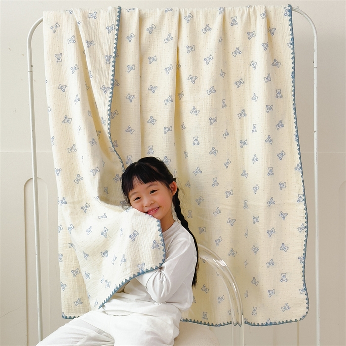 91家纺网 家纺一手货源 找家纺 布凡家居 2026新款全棉纯棉双层纱布毯夏被毯盖毯双层纱浴巾毯 皱皱纱-熊多多