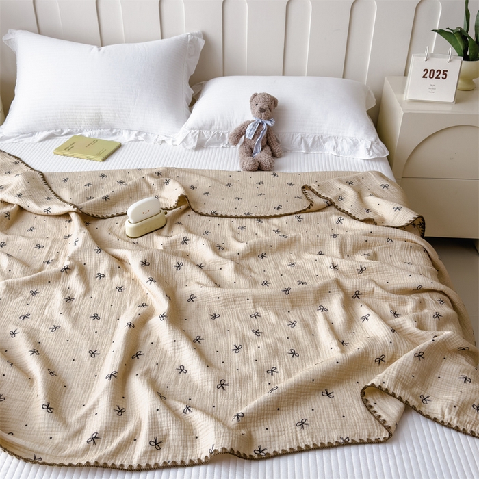 91家纺网 家纺一手货源 找家纺 布凡家居 2026新款全棉纯棉双层纱布毯夏被毯盖毯双层纱浴巾毯 皱皱纱-蝴蝶结