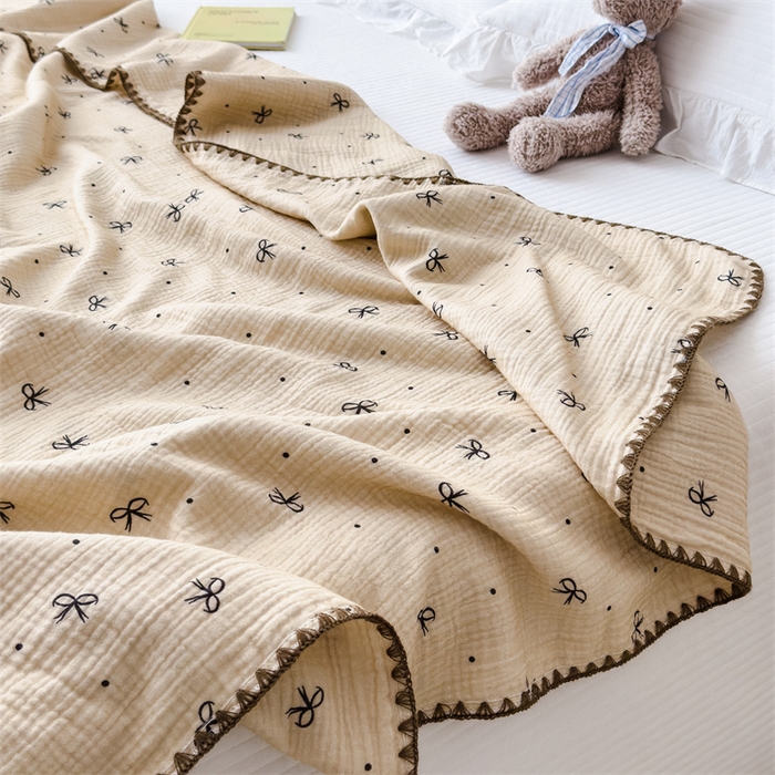 91家纺网 家纺一手货源 找家纺 布凡家居 2026新款全棉纯棉双层纱布毯夏被毯盖毯双层纱浴巾毯 皱皱纱-蝴蝶结