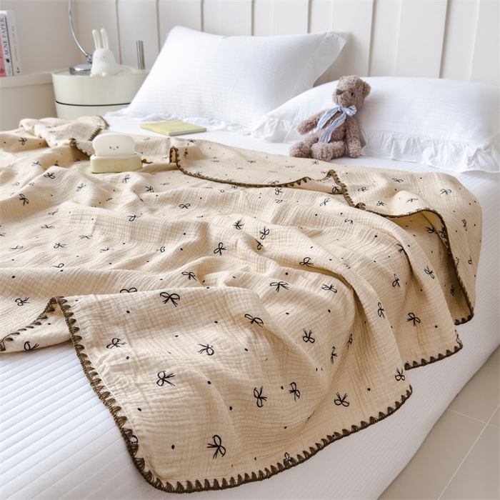 91家纺网 家纺一手货源 找家纺 布凡家居 2026新款全棉纯棉双层纱布毯夏被毯盖毯双层纱浴巾毯 皱皱纱-蝴蝶结