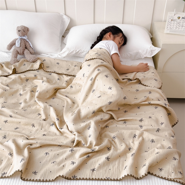 91家纺网 家纺一手货源 找家纺 布凡家居 2026新款全棉纯棉双层纱布毯夏被毯盖毯双层纱浴巾毯 皱皱纱-蝴蝶结