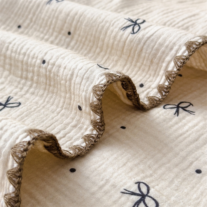 91家纺网 家纺一手货源 找家纺 布凡家居 2026新款全棉纯棉双层纱布毯夏被毯盖毯双层纱浴巾毯 皱皱纱-蝴蝶结