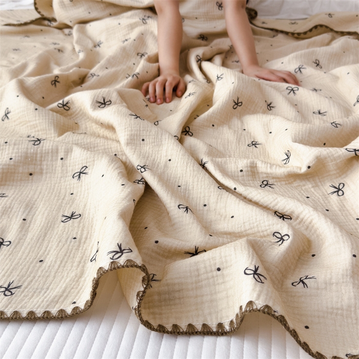 91家纺网 家纺一手货源 找家纺 布凡家居 2026新款全棉纯棉双层纱布毯夏被毯盖毯双层纱浴巾毯 皱皱纱-蝴蝶结